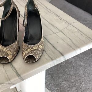 Snake skin designers high heeled shoes.